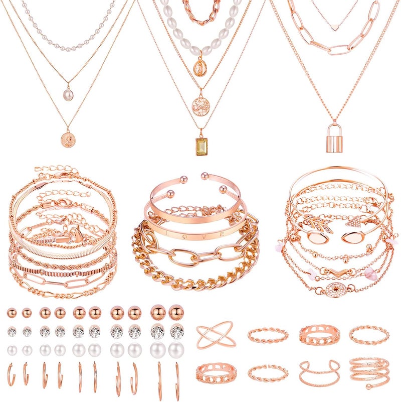 NEWITIN 49 Pieces Gold Jewelry Set for Women Fashion Costume Jewelry Gold Plated Necklace Bracelet Ring Earrings Set for Women - Image 1